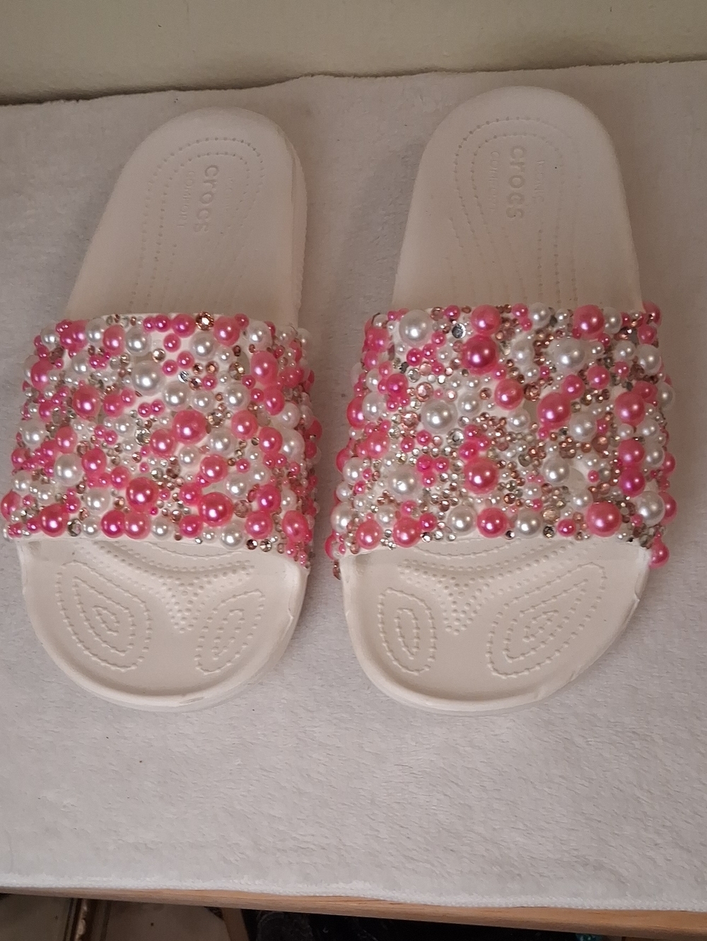 CROCS White Slide Sandals with Pink & Pearl Bead Embellishments